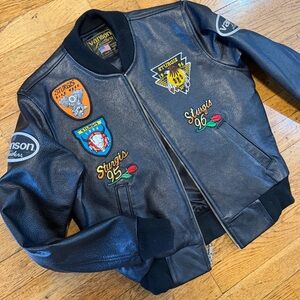 Kids custom genuine leather patched bomber jacket.!